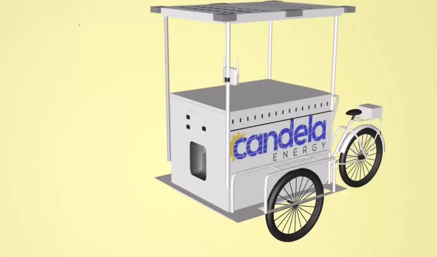A rendering of a pedal tricycle cart with a white box body, a flat solar roof on four posts and the Candela Energy logo