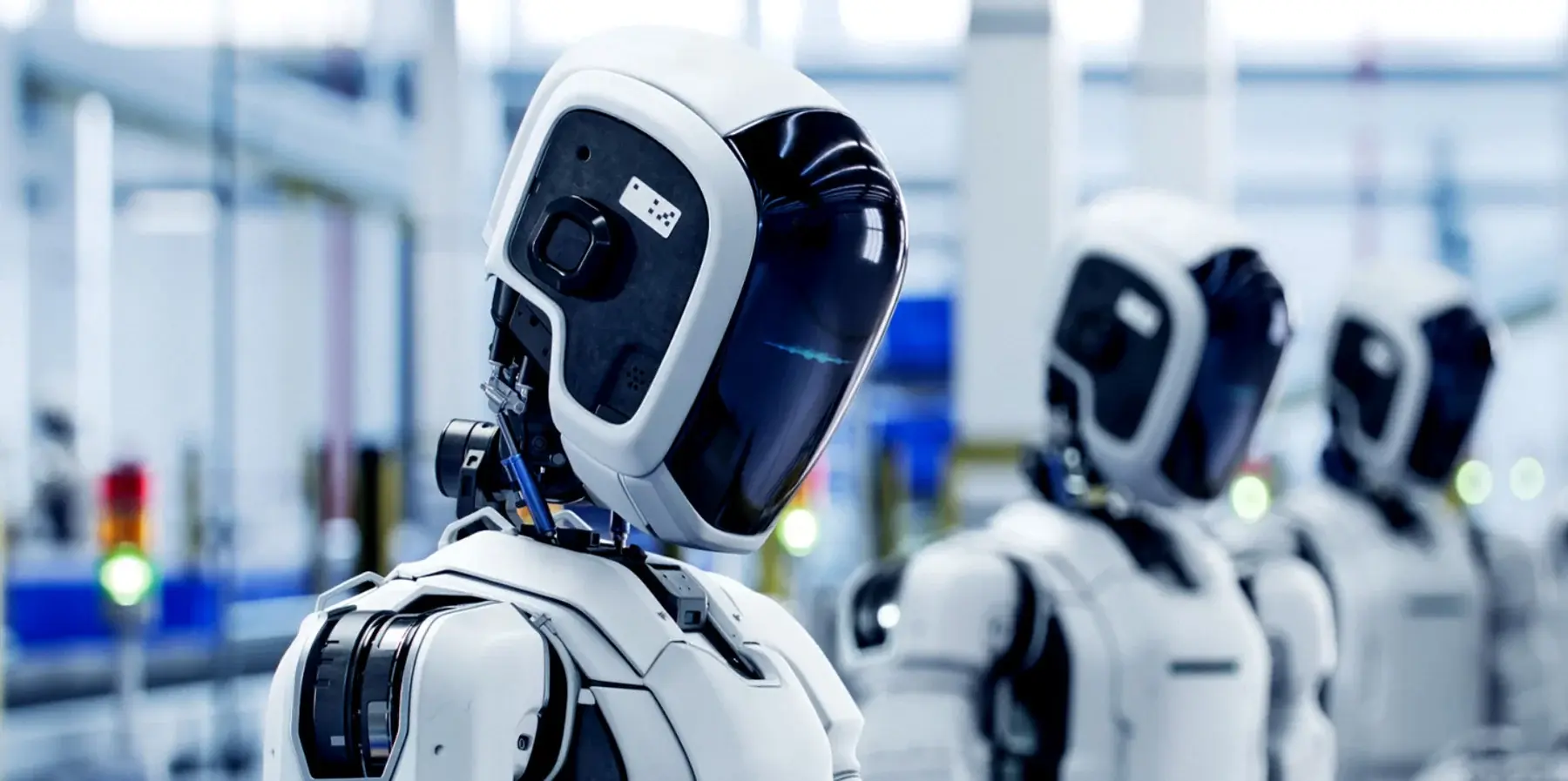 A row of white humanoid robots with dark visors in a factory hall