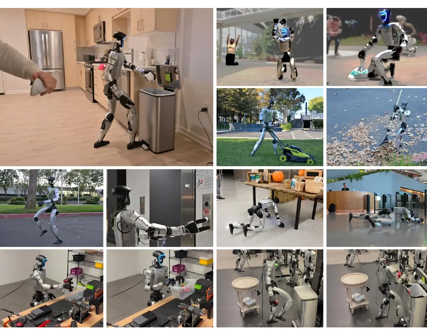 A grid of photographs of one humanoid robot walking, kneeling, crawling, mowing and carrying objects