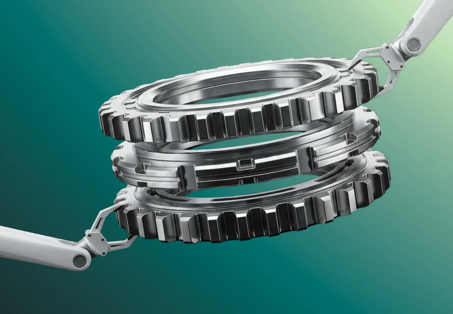 Illustration of stacked precision gear rings held by robot arms against a teal background